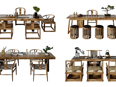Chinese Style Wooden Tea Table And Chairs With Tea Utensils And Potted Plants 3d model