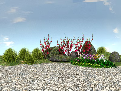 Vibrant Red Flowers And Green Grass With Stones On Pebble Ground 3d model