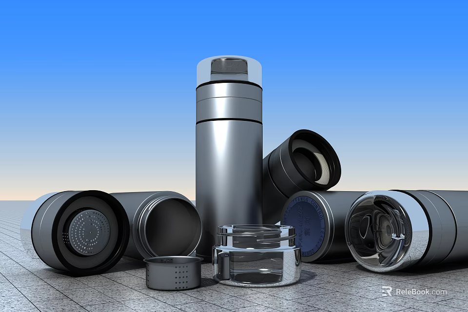 Various Stainless Steel And Transparent Glass Cups With Lids On Gray Floor Blue Background 3d model 