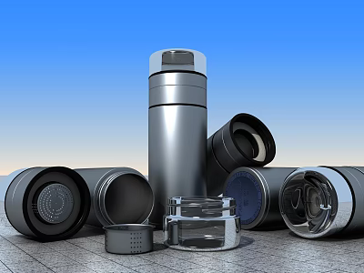 Various Stainless Steel And Transparent Glass Cups With Lids On Gray Floor Blue Background 3d model