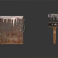 Rusty Paint Bucket And Wooden Handle Brush With Paint Drips For Household Use