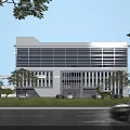 Modern Office Building Surrounded by Trees with Glass Curtain Walls Columns and Roadside Cars