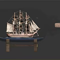 Decorative Ceramic Vessel Containing Intricate Ship Model On Wooden Display Stand