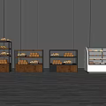 Modern Retail Display Shelves And Glass Showcases With Baked Goods Arrangement