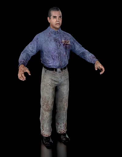 A Man in Blue Shirt and Gray Pants with Bloody Stains on Clothes and Hands 3d model