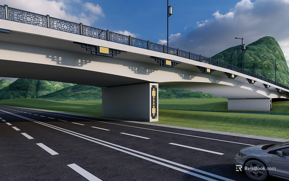 Modern Bridge With Black Railings Street Lamps And Road Beneath Mountain Cloud Background 3d model 