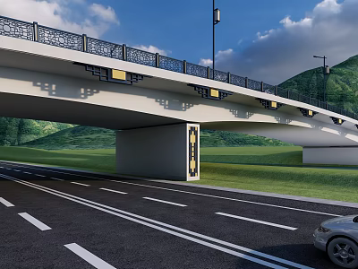 Modern Bridge With Black Railings Street Lamps And Road Beneath Mountain Cloud Background 3d model