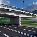 Modern Bridge With Black Railings Street Lamps And Road Beneath Mountain Cloud Background