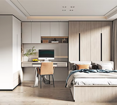 Modern Tatami Bedroom Interior Design With Platform Bed Desk Chair And Wooden Cabinets 3d model