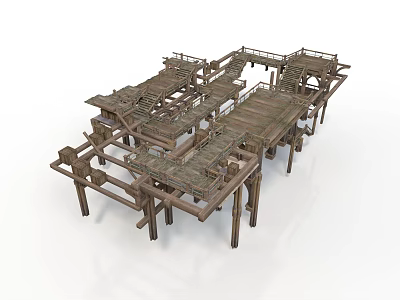Intricate Wooden Architectural Structure Featuring Elevated Platforms Stairs And Supporting Pillars 3d model