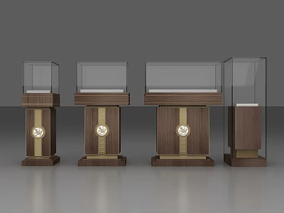 Elegant Wooden Display Shelves With Glass Display Cases And Golden Circular Emblems For Retail Showcasing 3d model