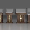 Elegant Wooden Display Shelves With Glass Display Cases And Golden Circular Emblems For Retail Showcasing