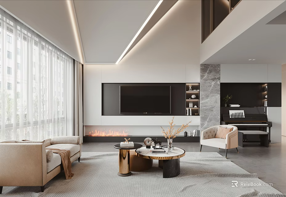 Modern Living Dining Interior Open Layout With Beige Sofa Round Coffee Table TV Wall Piano 3d model