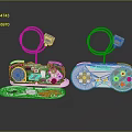 Retro Electronic Gaming Controllers With Exposed Circuit Board And White Green Purple Design