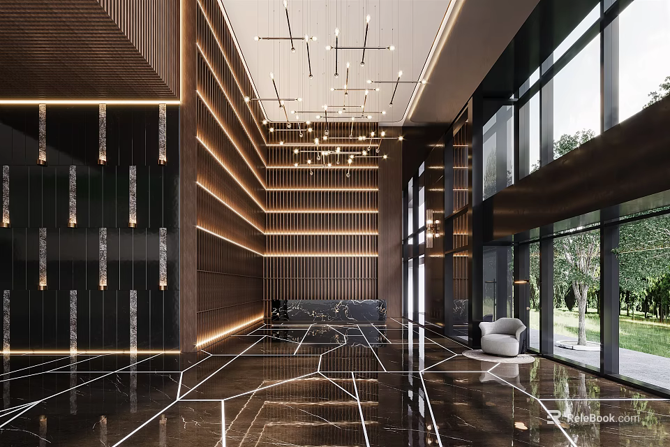 Luxurious Modern Hotel Lobby Interior Design With Marble Floor Chandeliers Wooden Paneling And Large Windows 3d model 