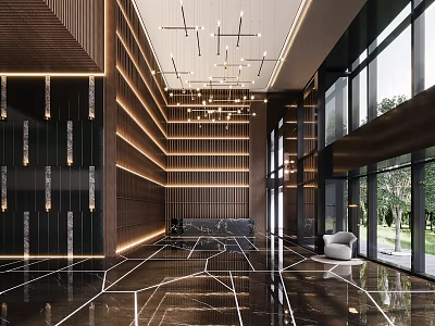 Luxurious Modern Hotel Lobby Interior Design With Marble Floor Chandeliers Wooden Paneling And Large Windows 3d model