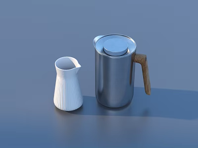 Modern Kitchenware Collection With White Ribbed Pitcher And Silver Container Wooden Handle 3d model