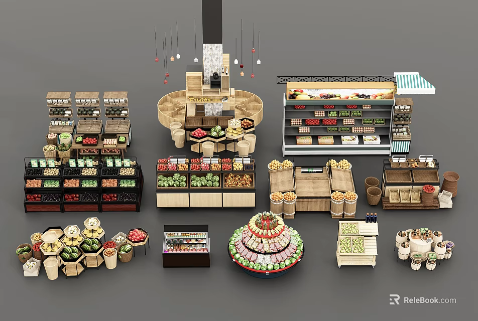 Wooden Retail Display Shelves With Multi Tiered Racks For Fresh Fruits Vegetables And Pastries 3d model 
