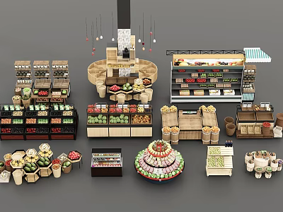 Wooden Retail Display Shelves With Multi Tiered Racks For Fresh Fruits Vegetables And Pastries 3d model