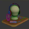 Headphones and Microphone Electronic Device on Mannequin Head Display with Wooden Base