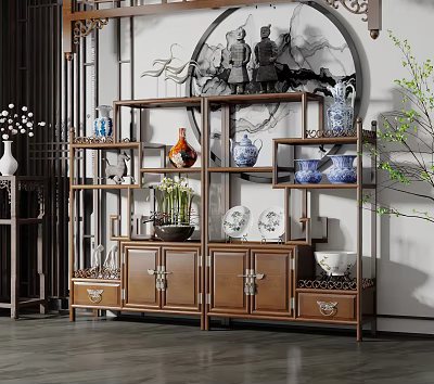 Chinese Traditional Decorative Solid Wood Antique Shelf With Porcelain Vases Blue And White China Plates 3d model
