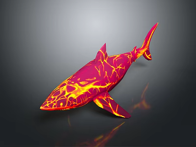 Vibrant Red And Yellow Shark With Cracked Pattern 3D Model On Dark Background 3d model