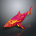 Vibrant Red And Yellow Shark With Cracked Pattern 3D Model On Dark Background