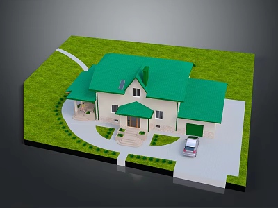 Single Family House Exterior Design Green Roof Beige Walls Steps Garage Car Lawn Path 3d model