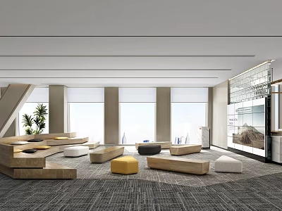 Modern Hotel Public Lounge With Comfortable Seating Large Windows Green Plants And Soft Carpet 3d model