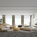 Modern Hotel Public Lounge With Comfortable Seating Large Windows Green Plants And Soft Carpet
