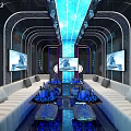 Stylish KTV Interior With Blue Lighting White Sofas Large Screen And Mirror Walls 3d model
