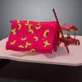 Red Furniture With Yellow Flower Pattern Covered By Cloth And Red Pole