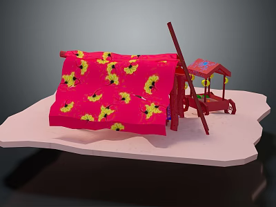 Red Furniture With Yellow Flower Pattern Covered By Cloth And Red Pole 3d model