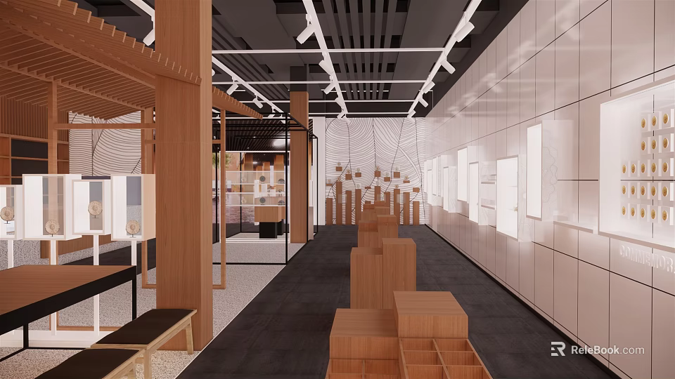 Modern Mall Store Interior Featuring Wooden Display Shelves And Bright Lighting Design 3d model 