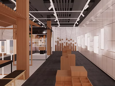 Modern Mall Store Interior Featuring Wooden Display Shelves And Bright Lighting Design 3d model