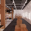 Modern Mall Store Interior Featuring Wooden Display Shelves And Bright Lighting Design