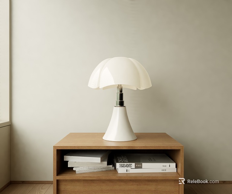 White Table Lamp On Wooden Cabinet With Stacked Books In Light Room 3d model 