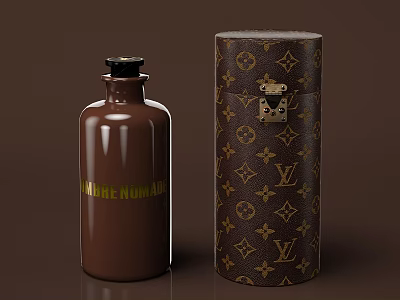 Maison Noir Luxury Brown Perfume Bottle With Gold Lettering And LV Patterned Cylindrical Box 3d model