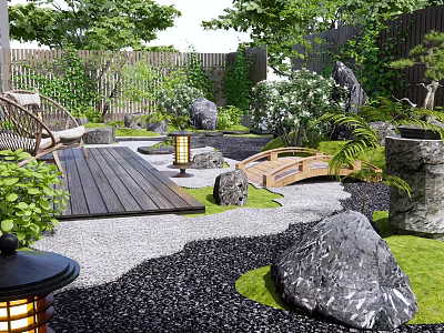 Japanese Courtyard Garden With Wooden Deck Stone Lanterns Small Bridge Green Plants And Bamboo Fence 3d model