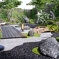 Japanese Courtyard Garden With Wooden Deck Stone Lanterns Small Bridge Green Plants And Bamboo Fence