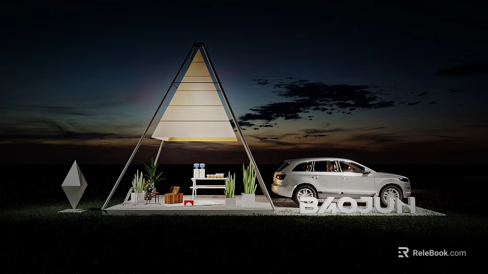 Triangular Tent Structure Outdoor At Dusk With SUV Plants And Tables Inside BACOU 3d model 