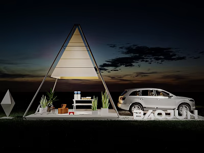 Triangular Tent Structure Outdoor At Dusk With SUV Plants And Tables Inside BACOU 3d model