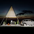 Triangular Tent Structure Outdoor At Dusk With SUV Plants And Tables Inside BACOU 3d model