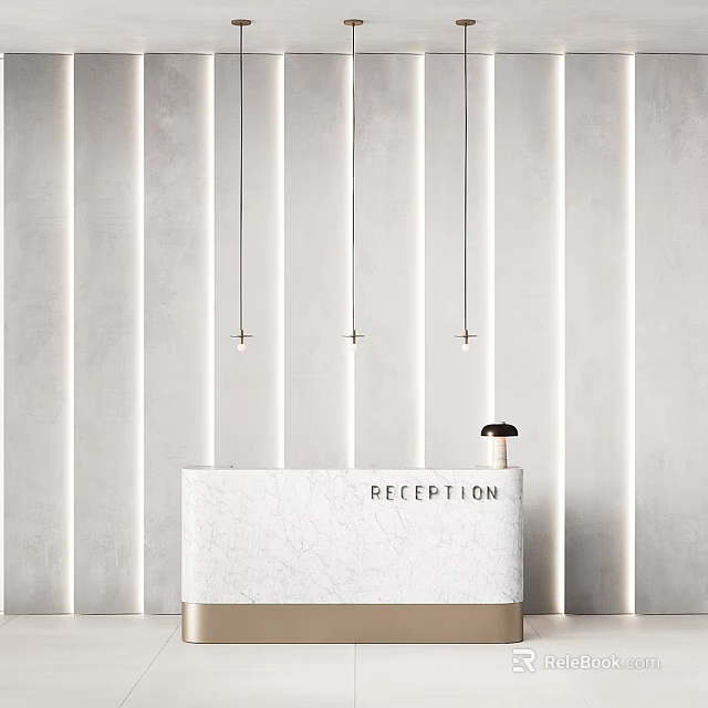 Modern Reception Area With White Marble Desk And Minimalist Pendant Lights On Striped Wall 3d model 