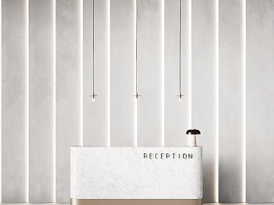 Modern Reception Area With White Marble Desk And Minimalist Pendant Lights On Striped Wall 3d model