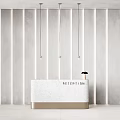 Modern Reception Area With White Marble Desk And Minimalist Pendant Lights On Striped Wall
