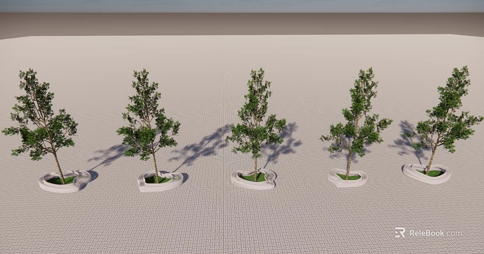 Multiple Tree Planters With Green Trees Arranged On Paved Ground With Shadows 3d model