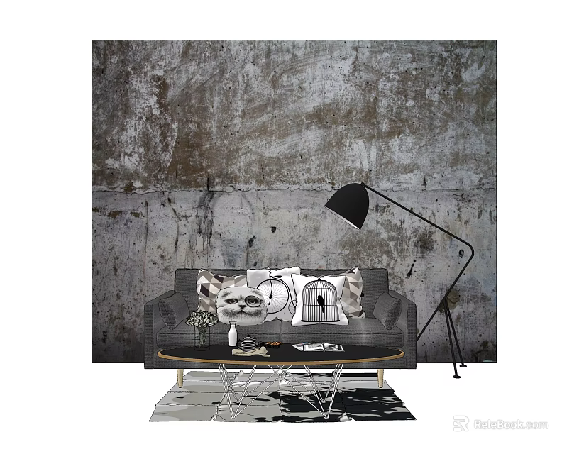 Two Seater Sofa With Throw Pillows Gray Textured Wall Floor Lamp And Coffee Table 3d model 