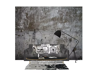 Two Seater Sofa With Throw Pillows Gray Textured Wall Floor Lamp And Coffee Table 3d model