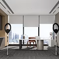 Modern Public Office Space Interior With Desk Chair Ring Lights And City View